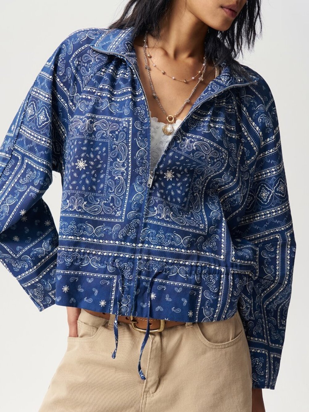Navy Blue Casual Women's Ruched Zipper Raglan Oversized Short Jacket